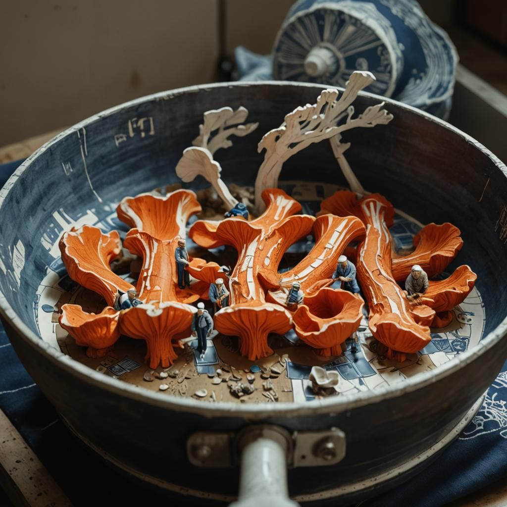 Surreal Linocut: Workers Tending Giant Mushrooms