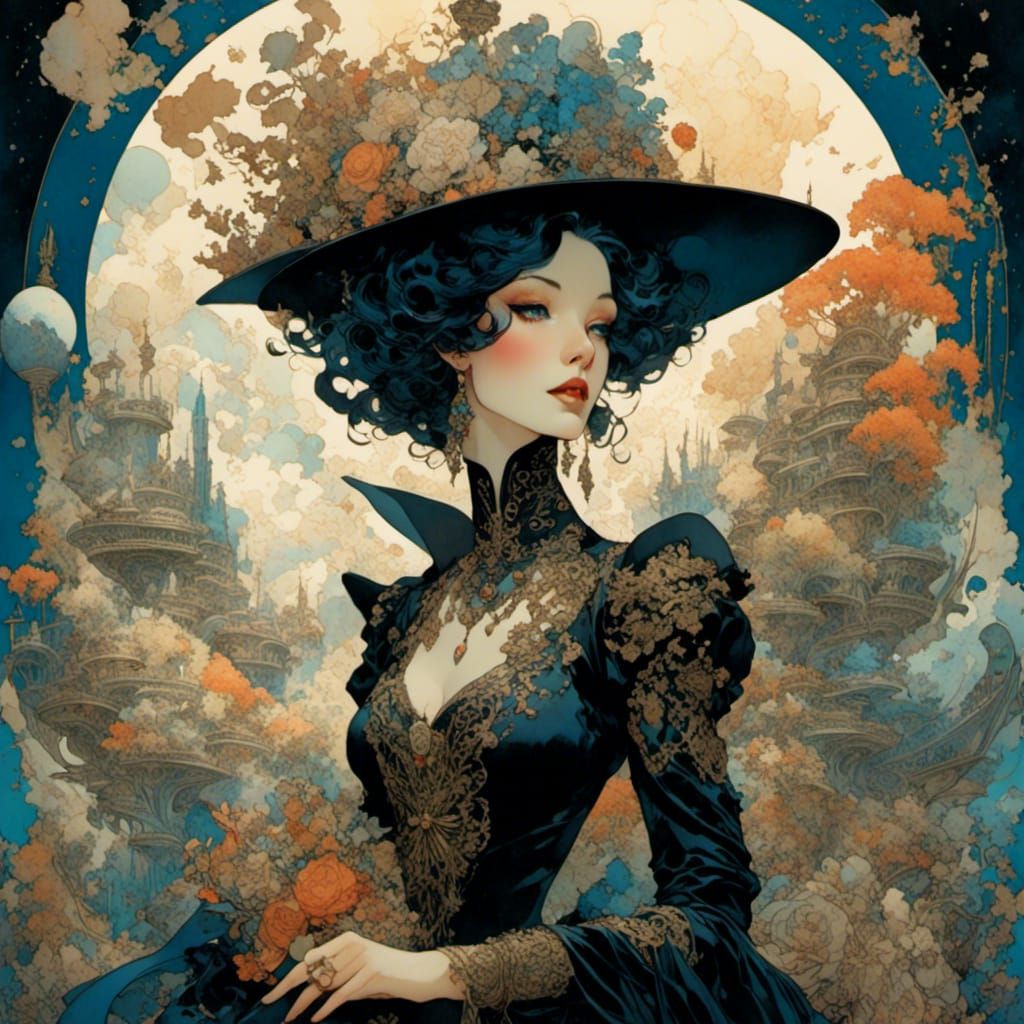 Glam-Goth Time Traveler in Romantic Watercolor Style