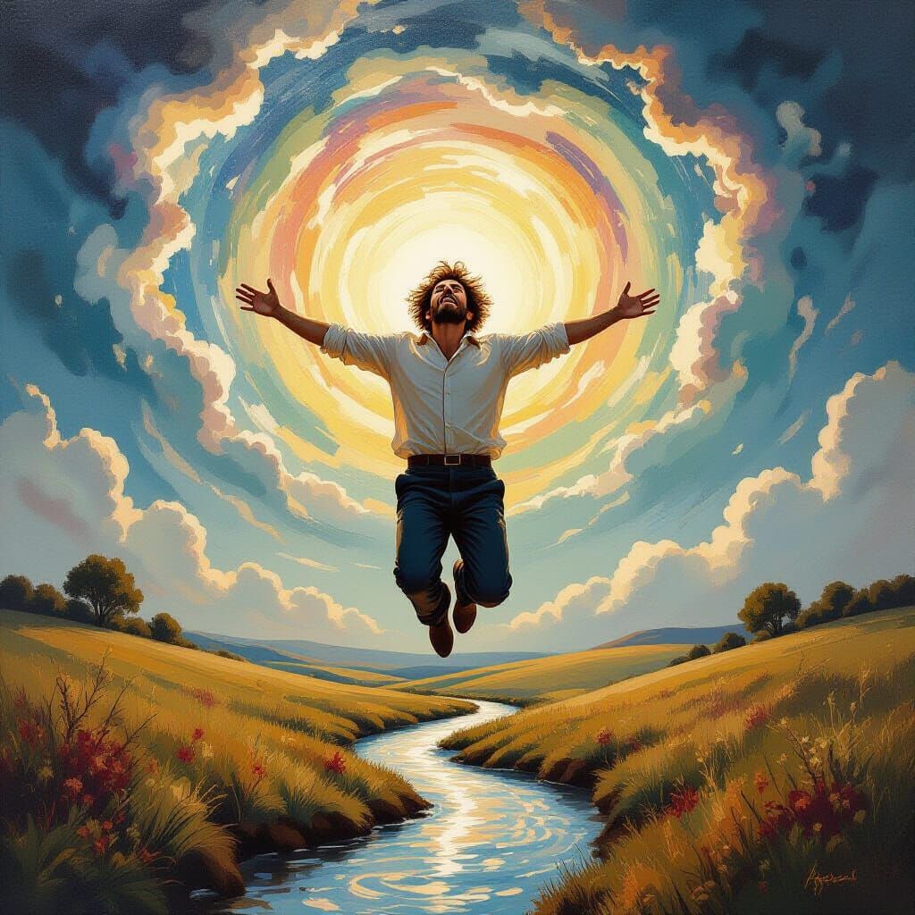 Ecstatic Man Soars Between Heaven and Earth in Surreal Oil P...