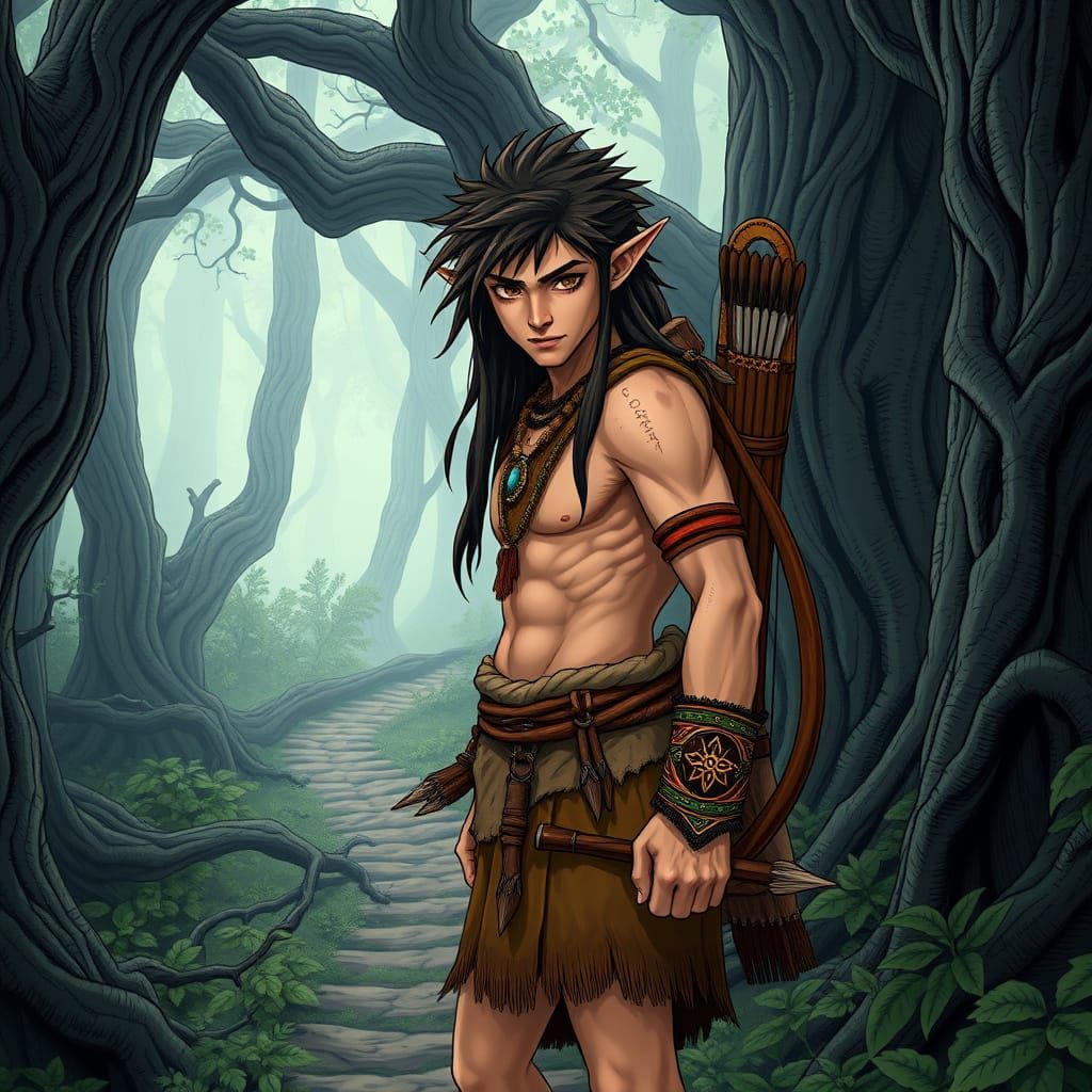 Majestic Tribal Elf in Anime Key Visual Style