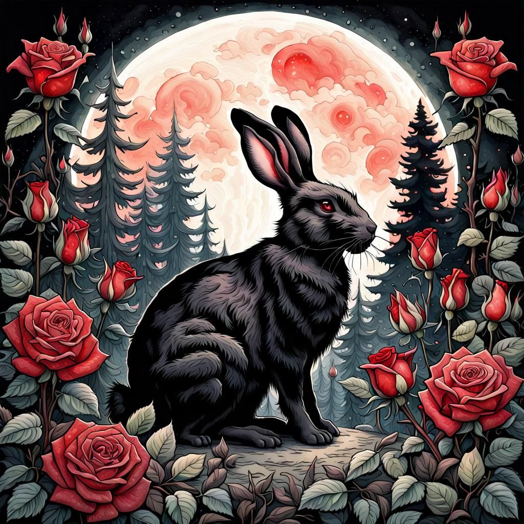 Black Rabbit Under Red Moon Watercolor Illustration