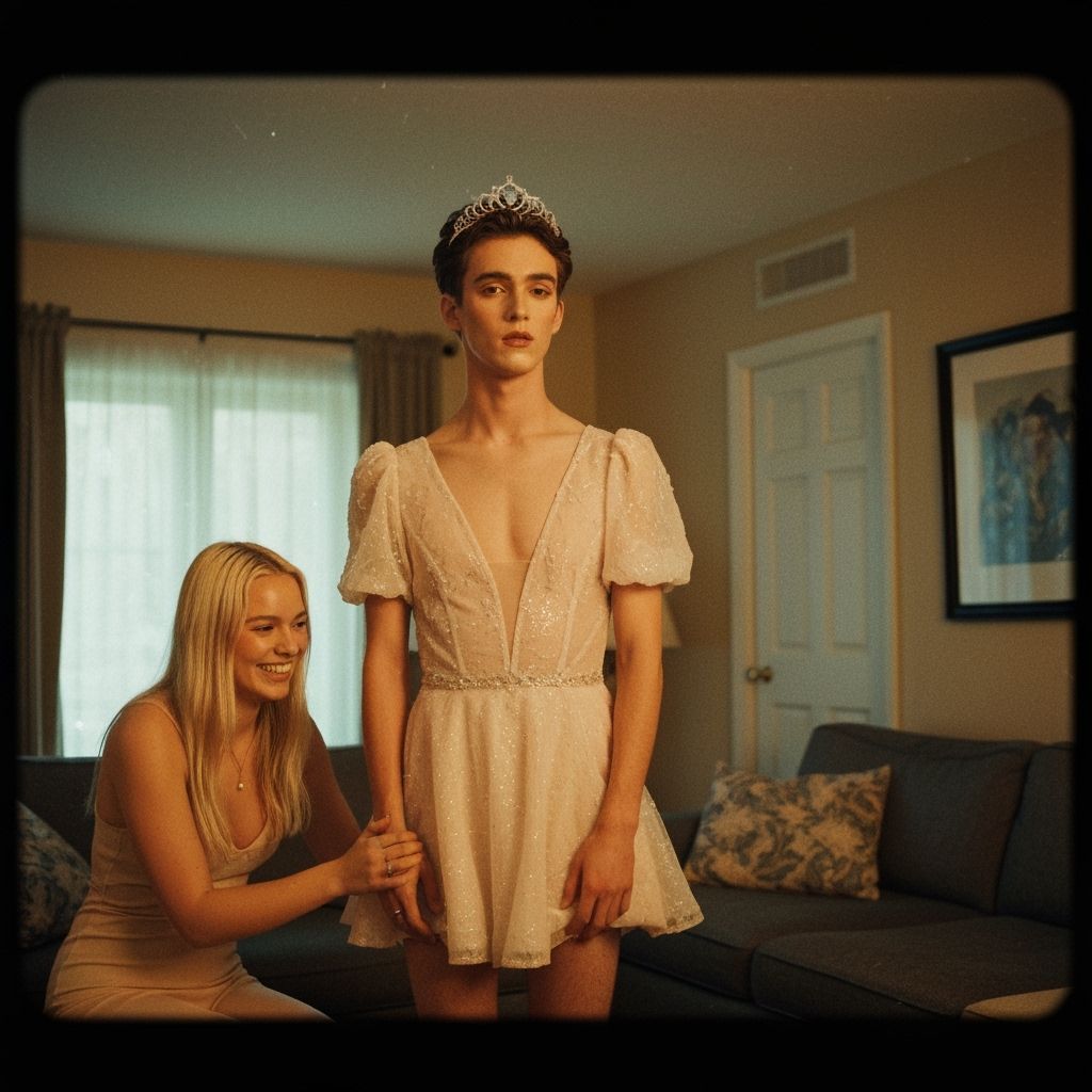 Cinematic Crossdressing Scene in a Nostalgic Film Still