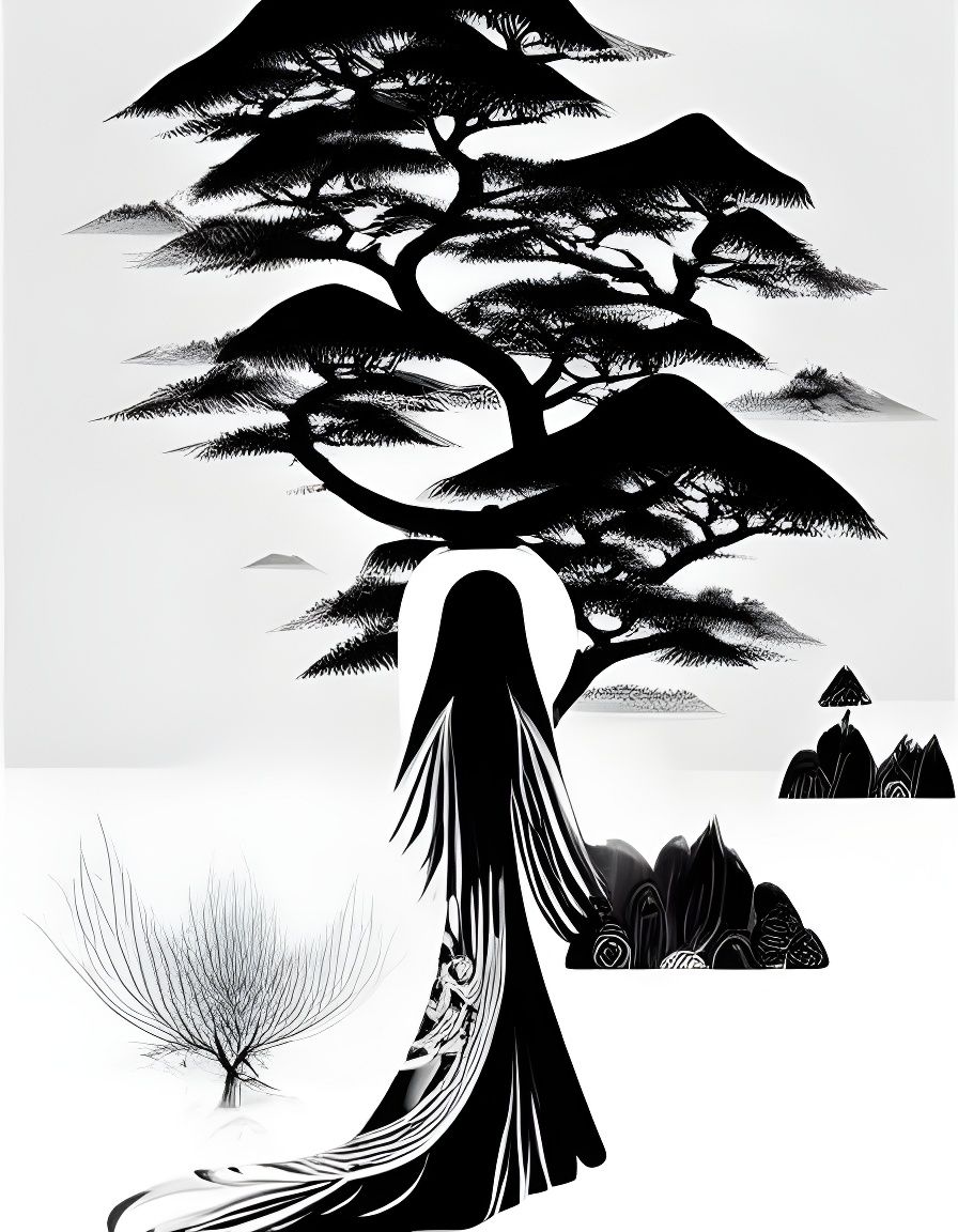 Minimalist Ink Fusion: Woman in Park Landscape