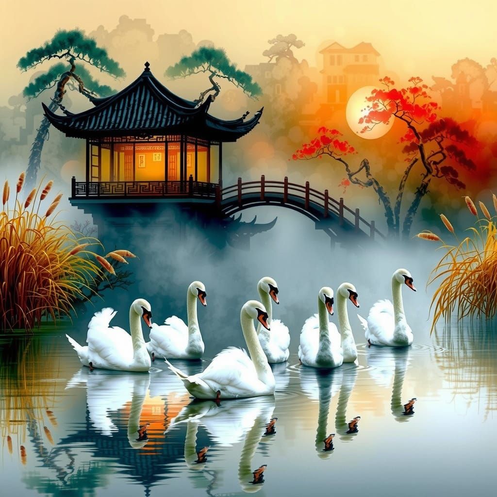 Swans in a Misty Japanese Landscape
