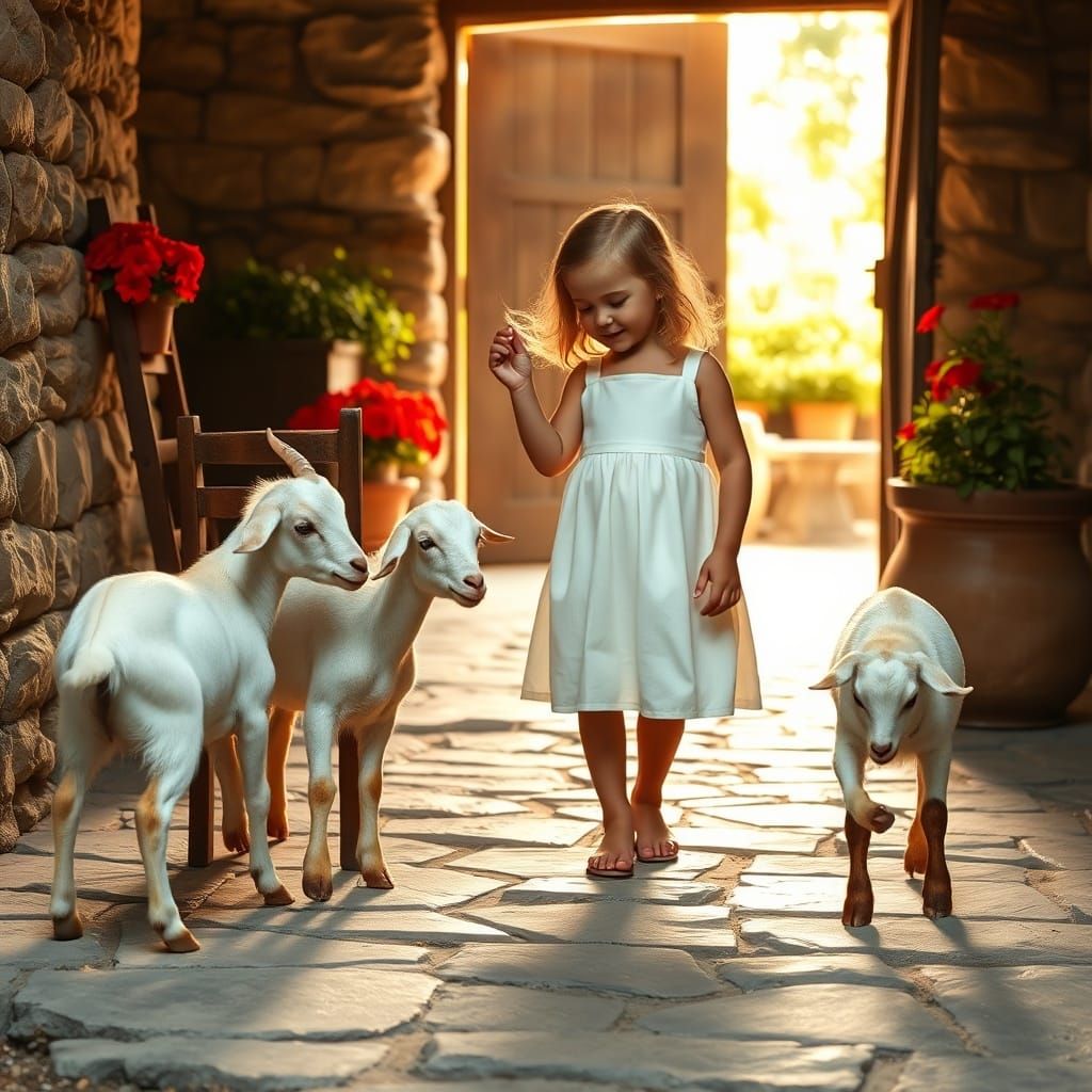 Girl Plays With Goats at Sunlit Farmhouse