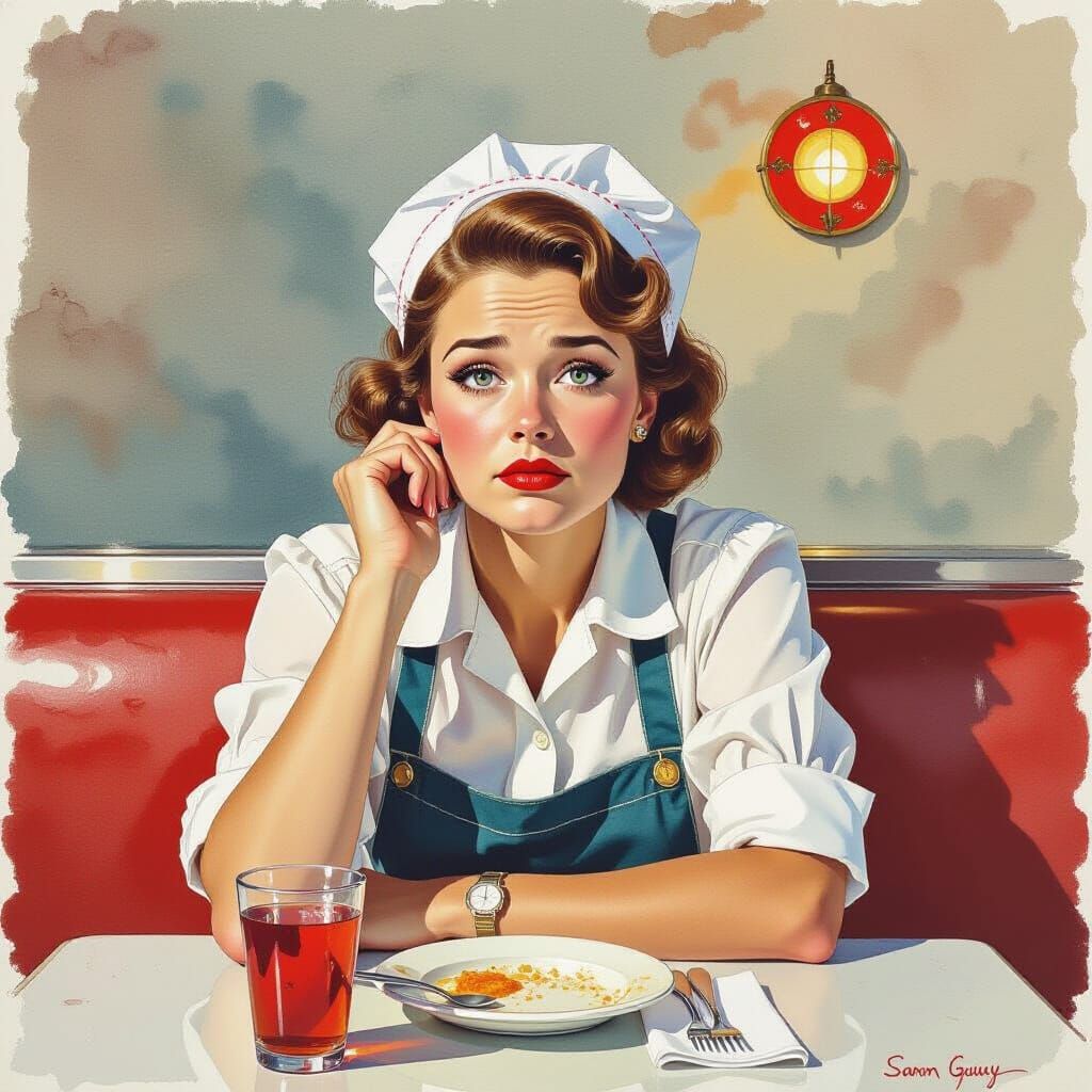Tired Waitress Portrait in Ominous Diner