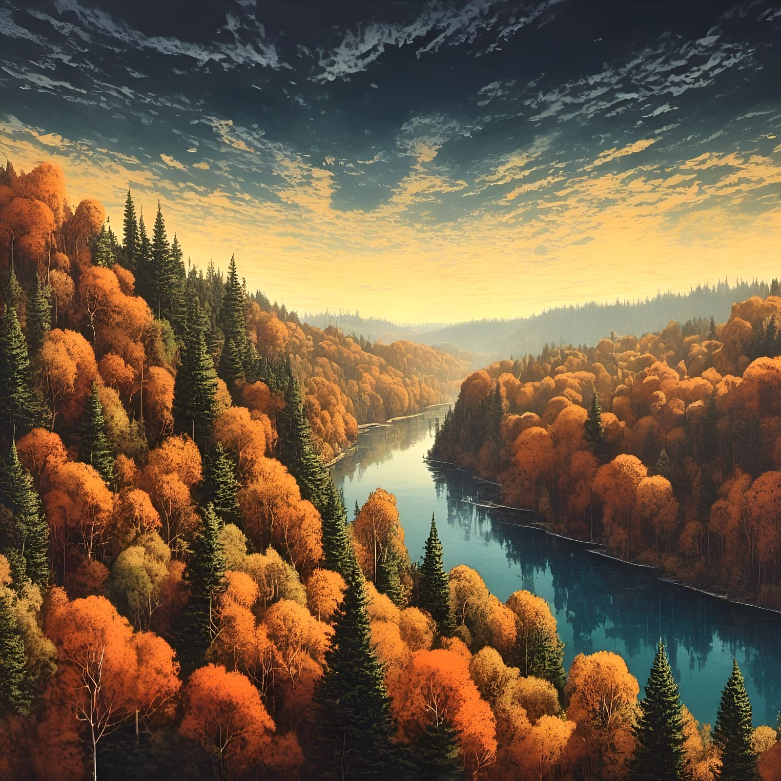 Autumn Landscape Painting with River View