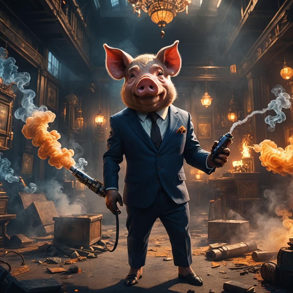 Evil Pig in Suit with Vape: Dystopian Art