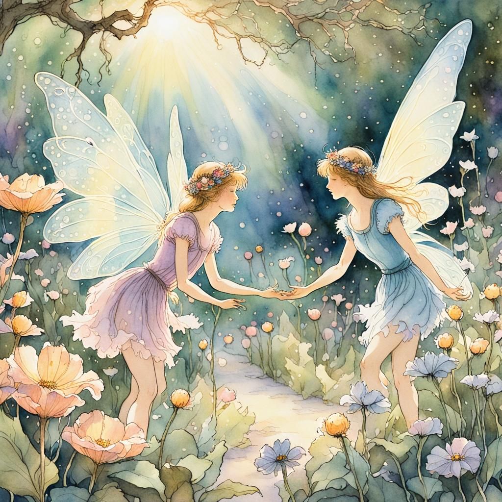 Fairies and Humans Interact in Vibrant Garden