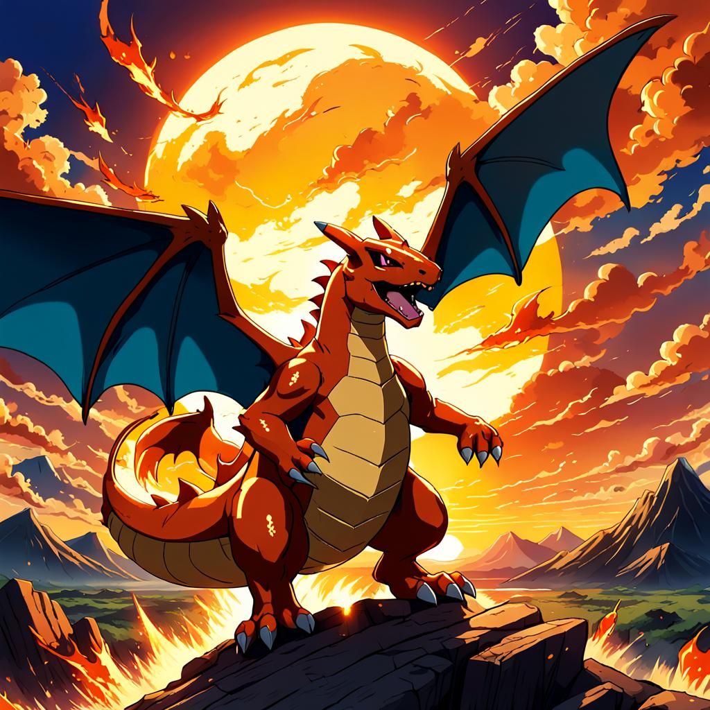 Charizard Soaring into Anime Sunset, Cel-Shaded Style