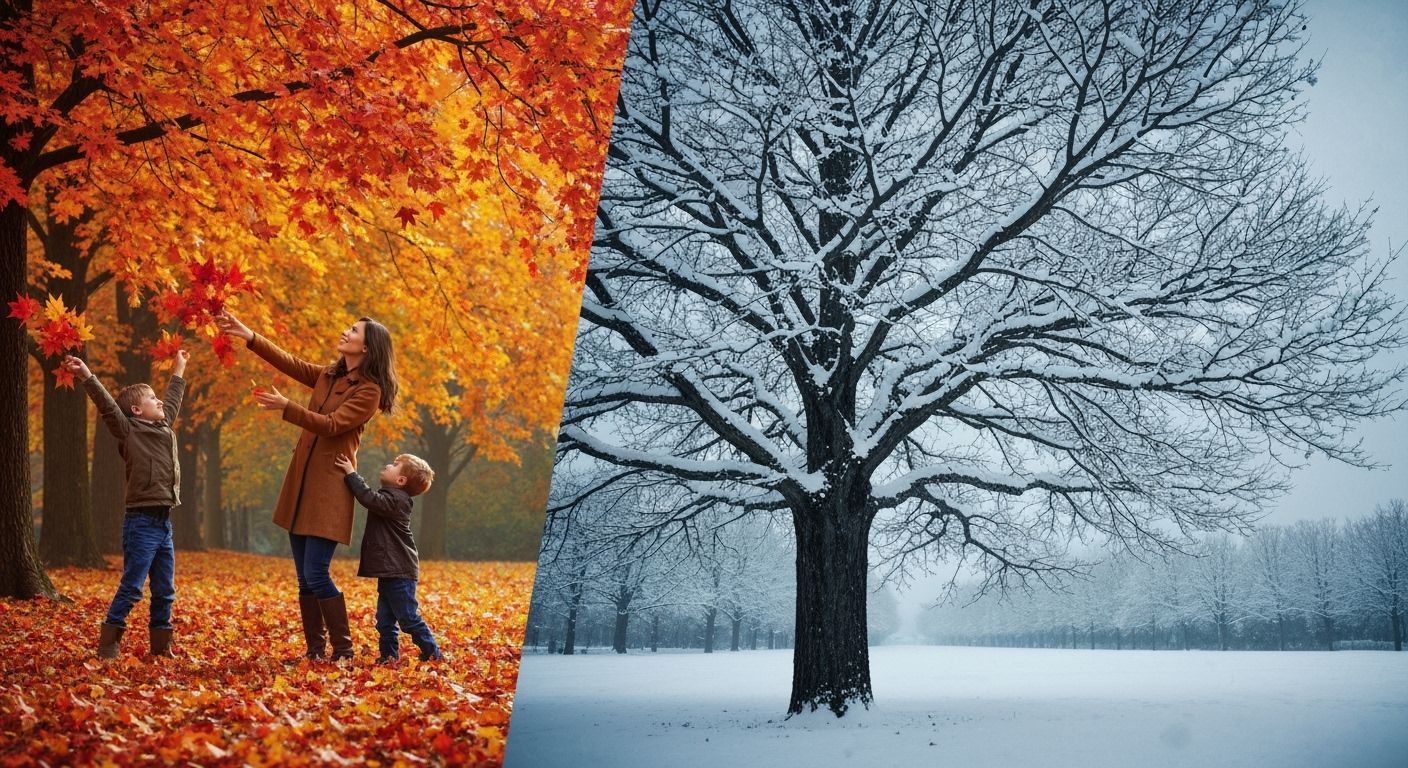 Autumn and Winter Split-Screen in Concept Art Style