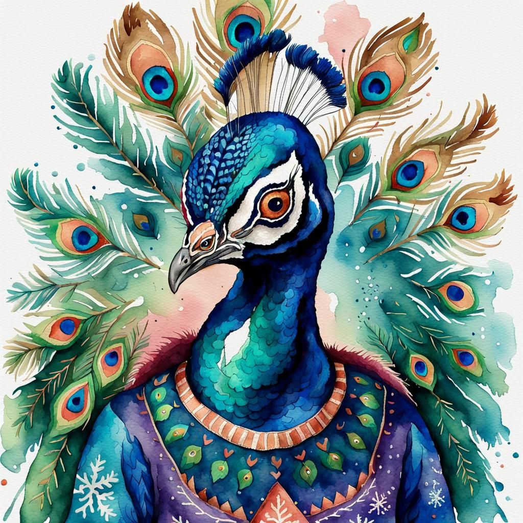 A peacock is wearing an ugly Christmas sweater