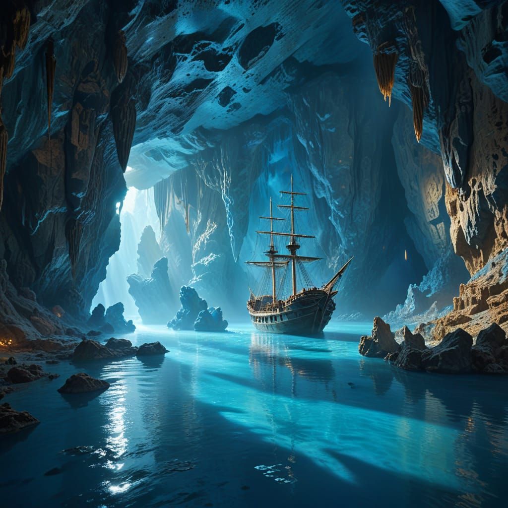 Majestic Ship in Blue Cave Oil Painting