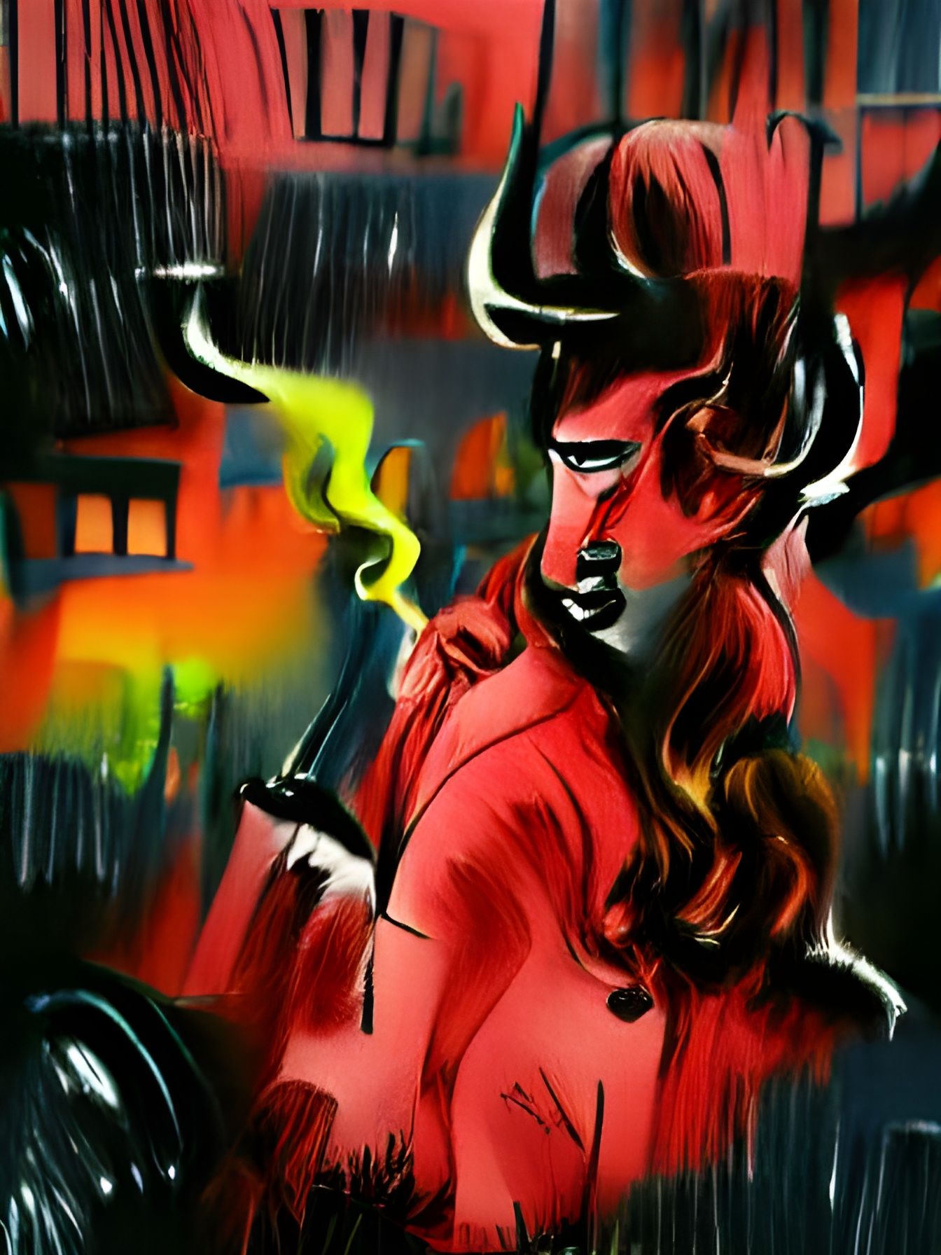 Fiery Red Demon with Horns in Film Noir Style