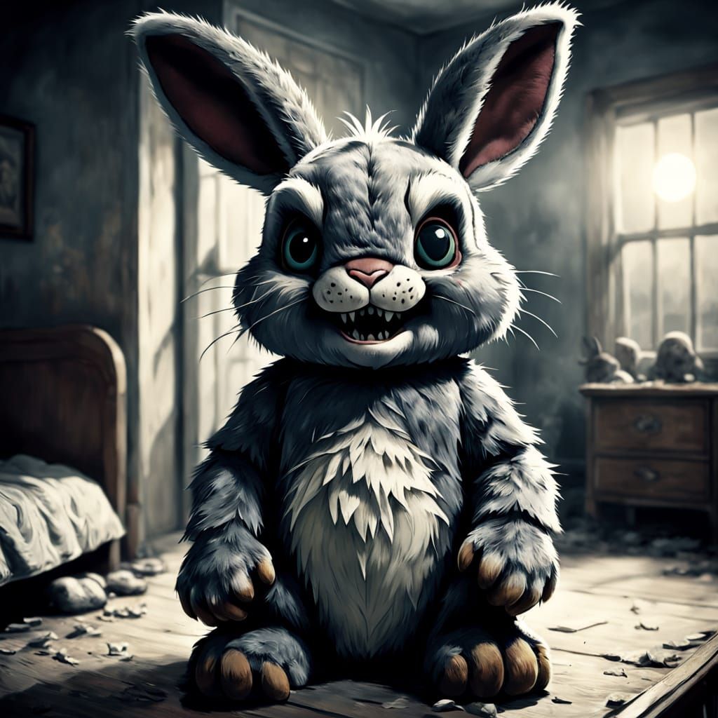 Menacing Vintage Rabbit in Dusty Bedroom Airbrush Art