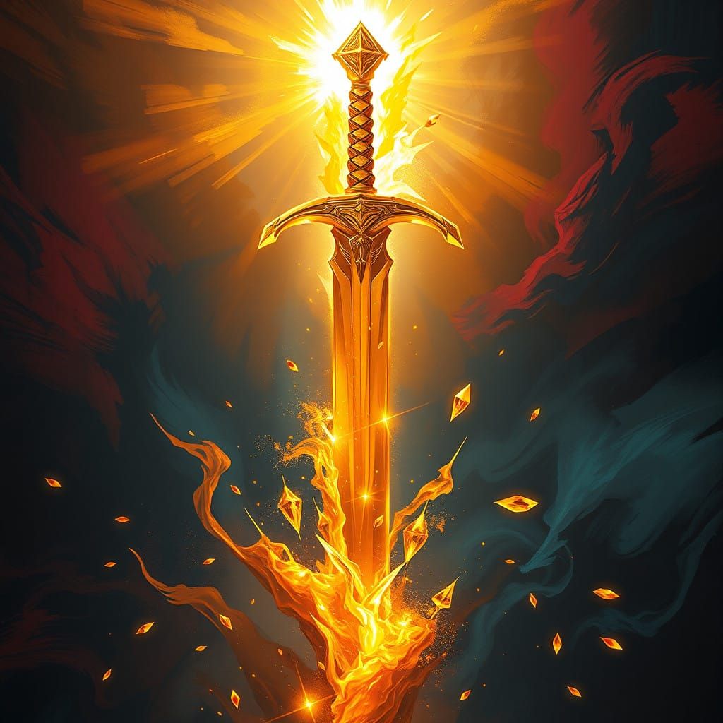 Golden Sword Unfurls with Ethereal Clarity and Crystalline S...