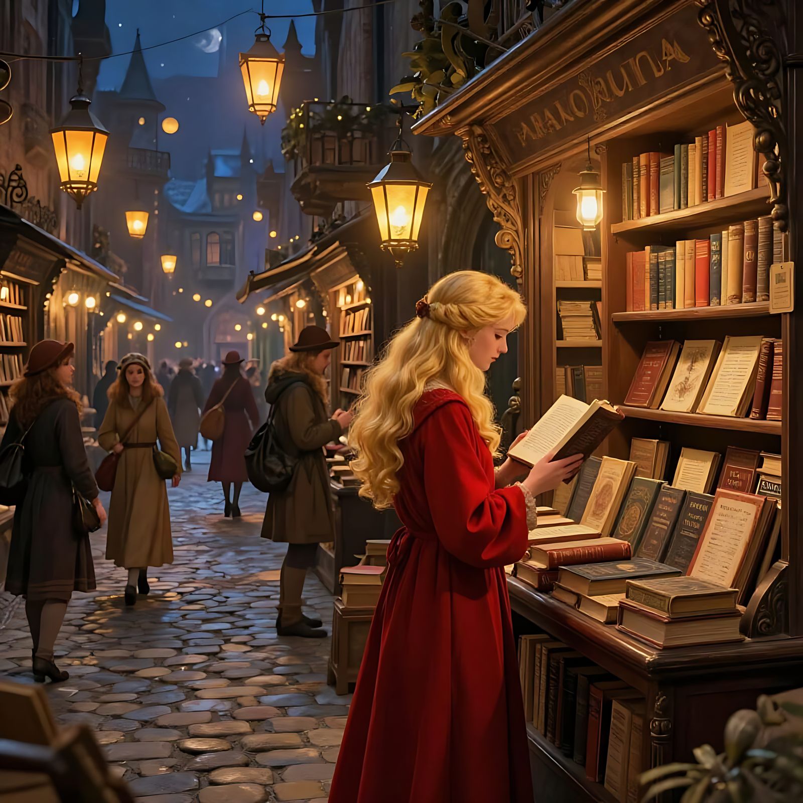 Magical City Bookstore Scene with Woman and Ancient Tome