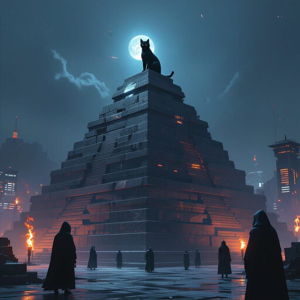 Cat God Temple Under Neon Night Sky
