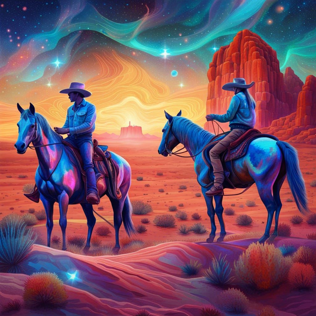 Cowboys and Cowgirls in Desert: Astral Illustration
