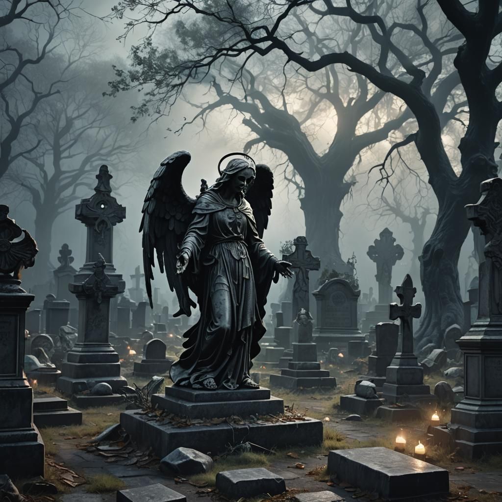 Eerie Graveyard Scene with Broken Angels, Astral Illustratio...