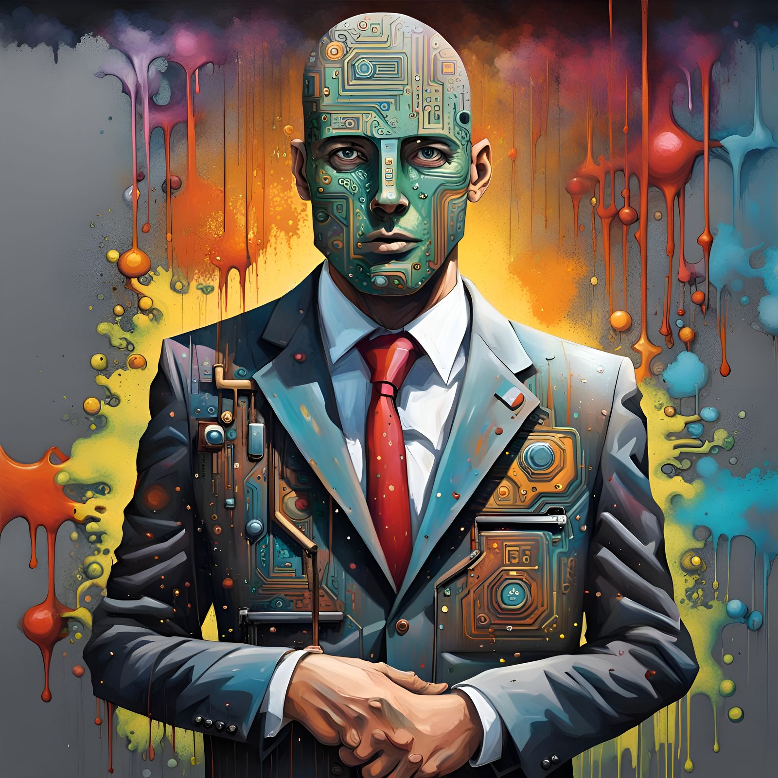 Circuit Board Face Man in Graffiti Art Style