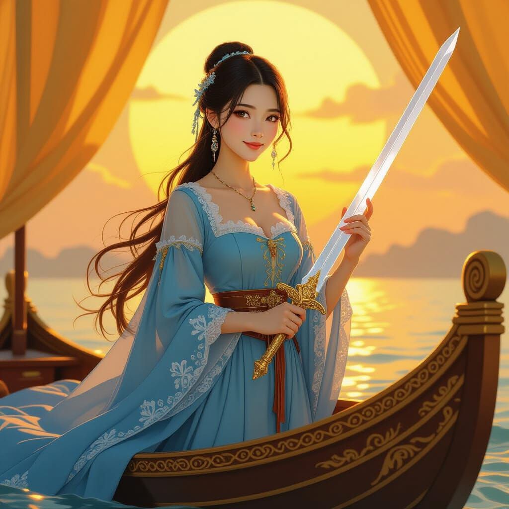 Asian Woman with Ice Sword in Art Nouveau Style