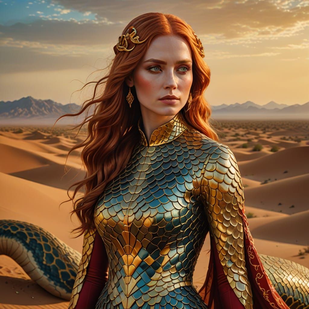 Surreal Desert Woman with Snake in Vibrant Oil Painting