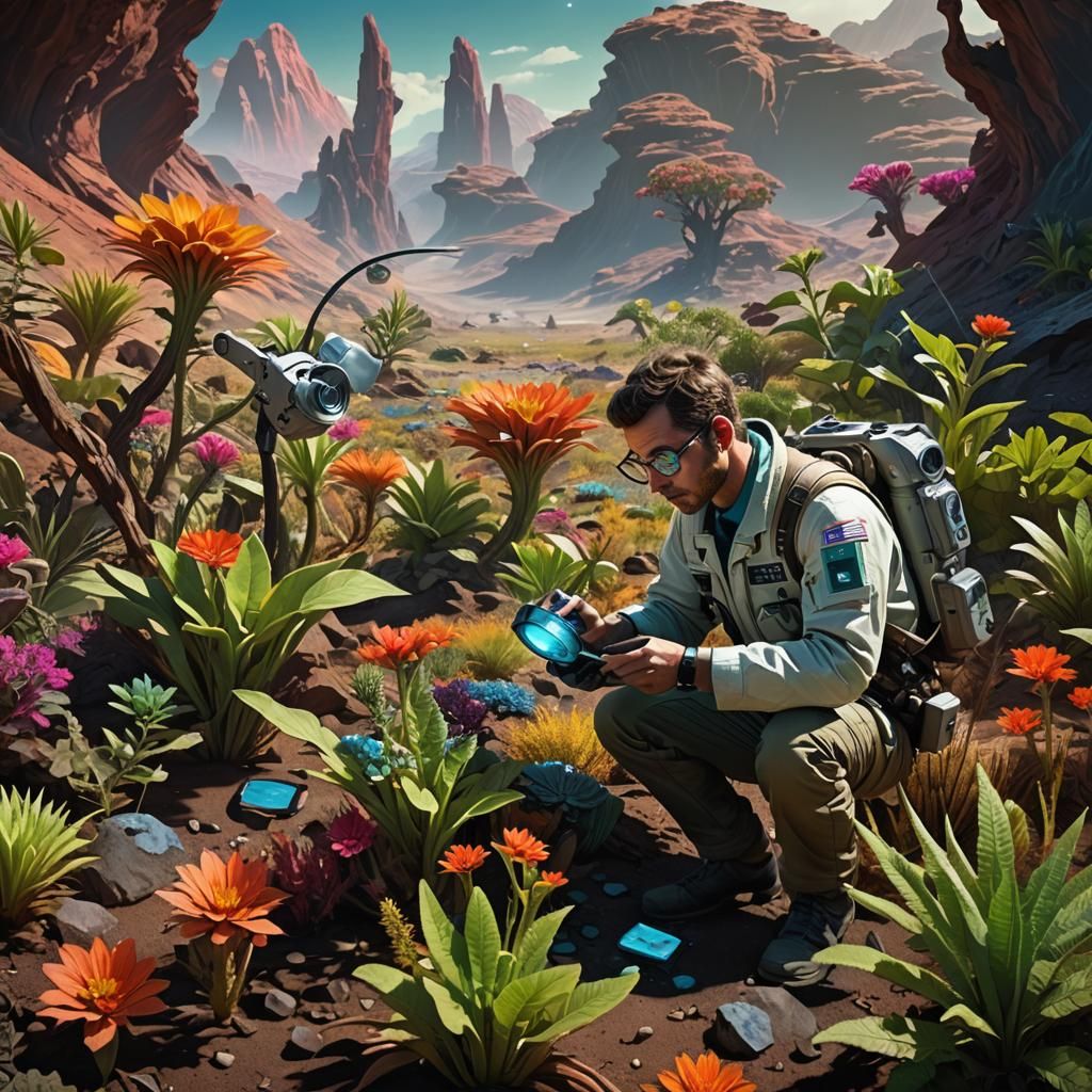 Botanist Examines Alien Plants in Futuristic Setting