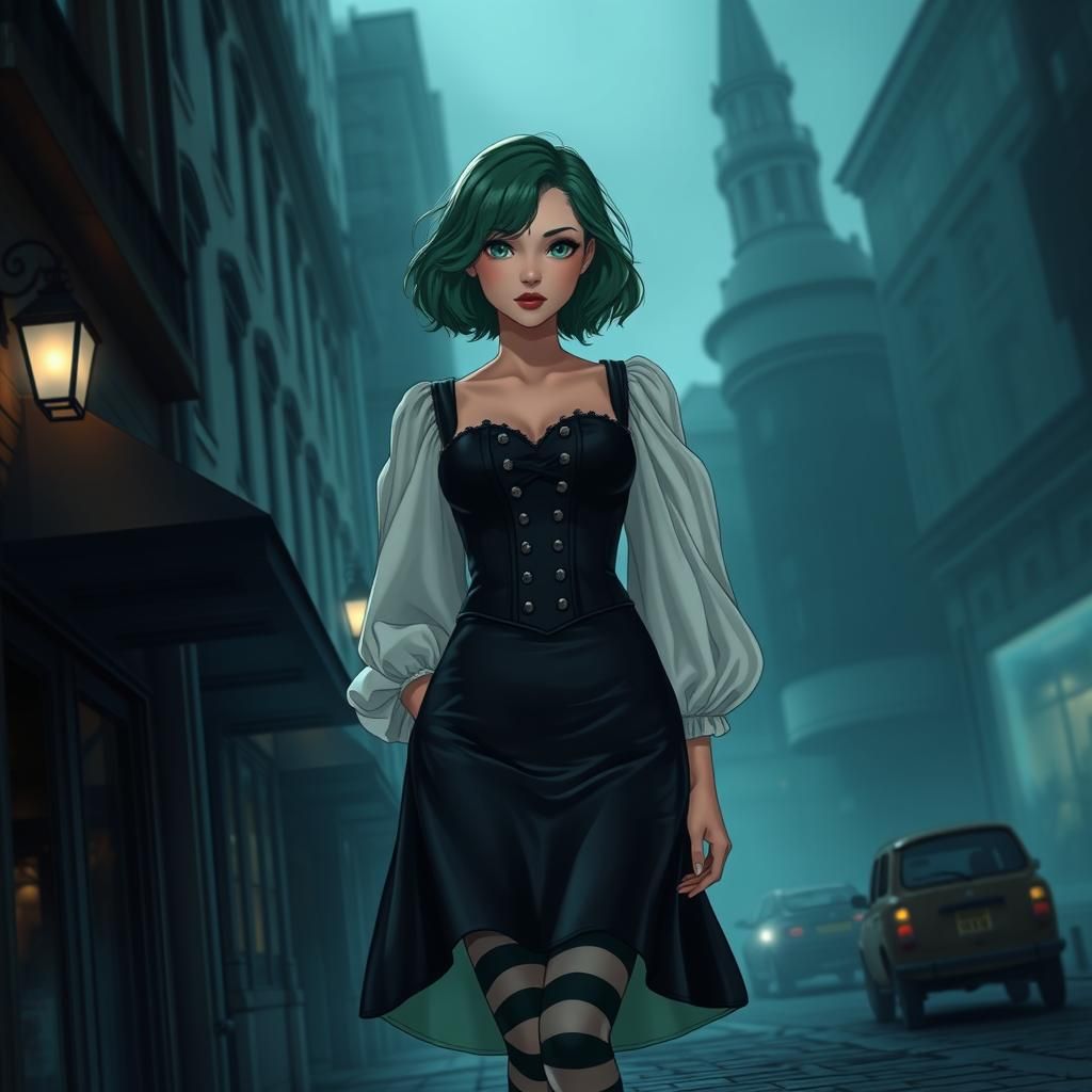 Ethereal Woman in Misty Cityscape, Ghibli-Inspired