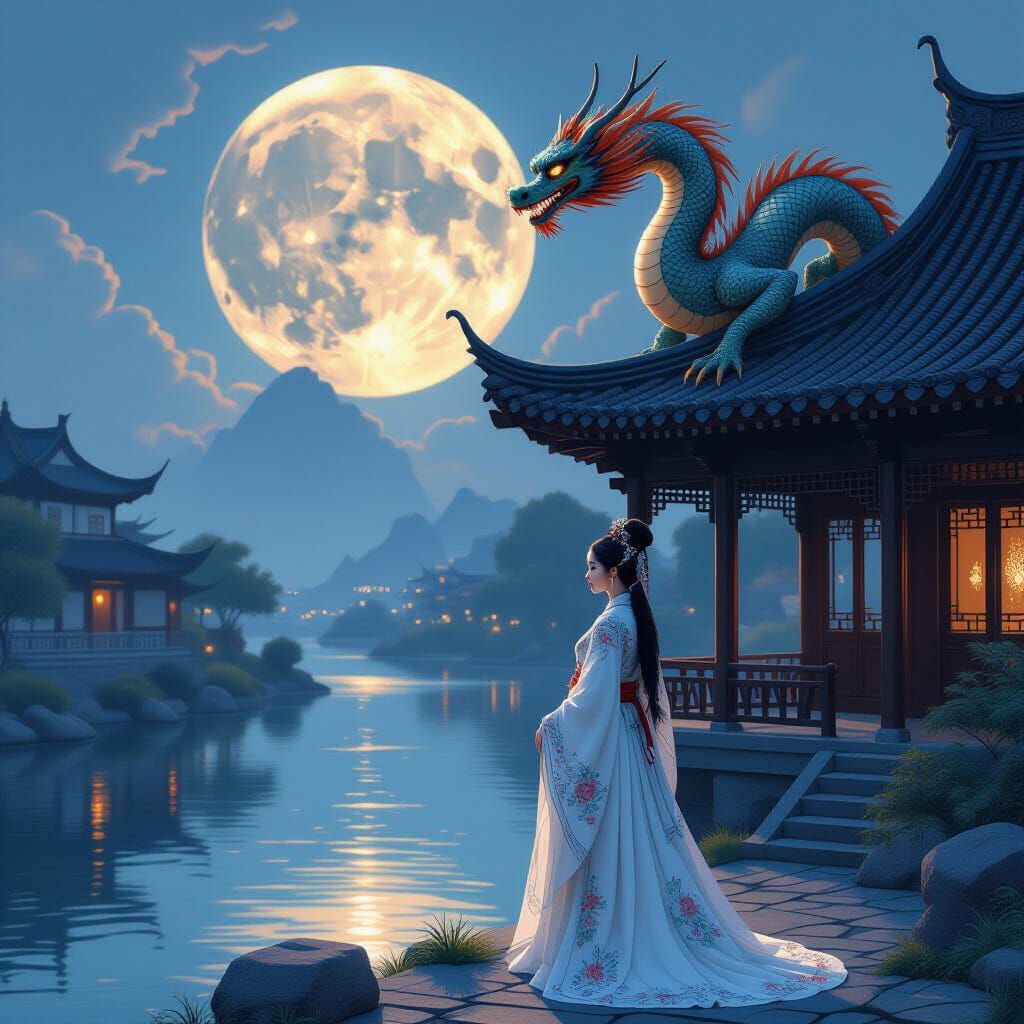 Hanfu Maiden and Dragon Under Moonlight