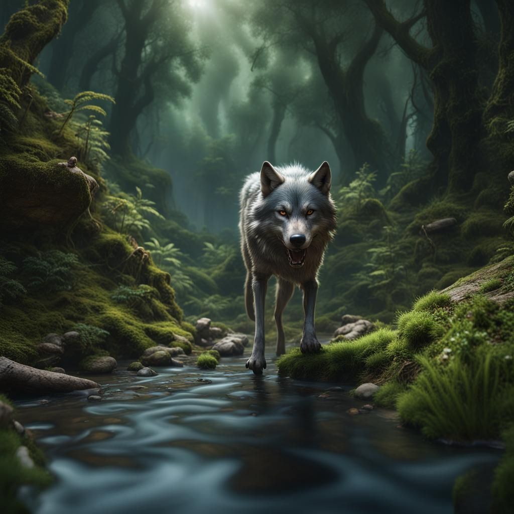 Wolf Licking Stream in Lush Forest: Matte Painting