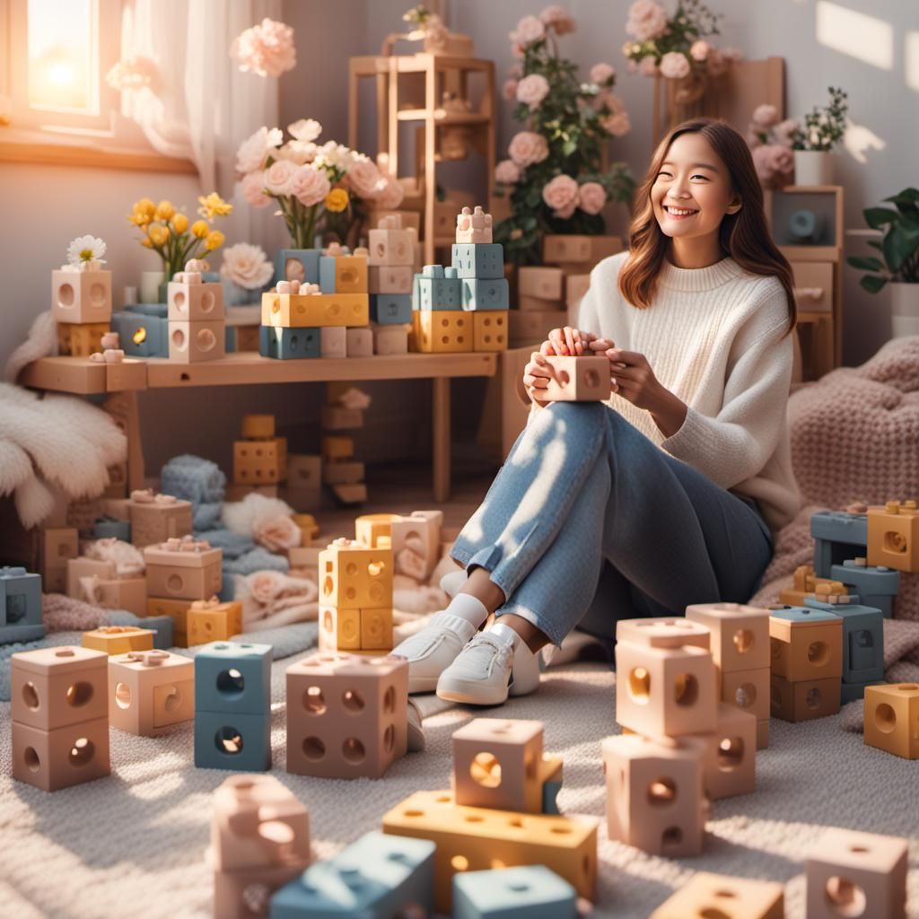 Woman in Duplo Blocks with Sunbeams: Cinematic Photography