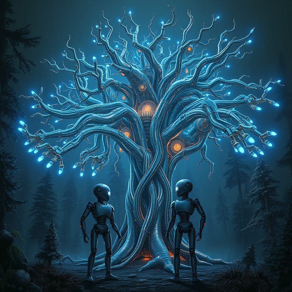 Robotic cyberpunk neon glowing tree set in a cyberpunk forest