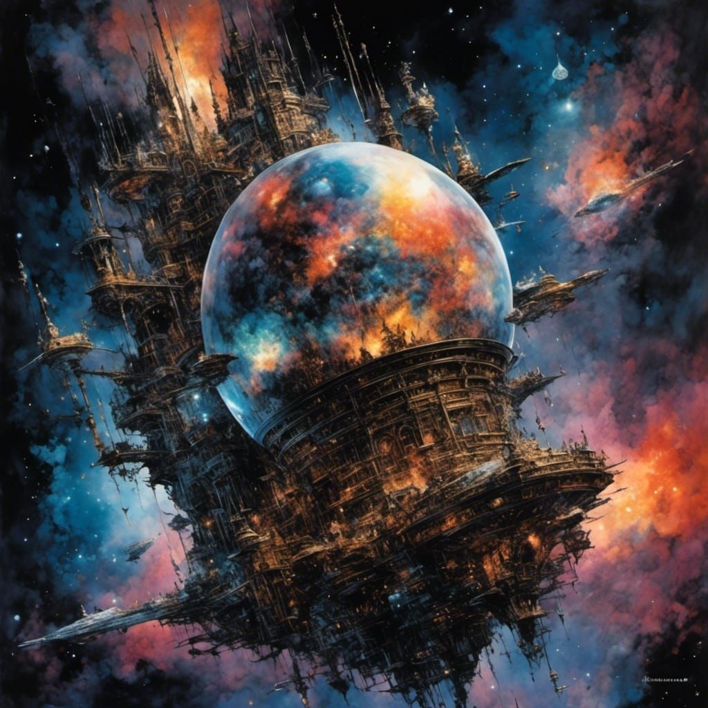 Spaceship Explosion in Space, Watercolor Style