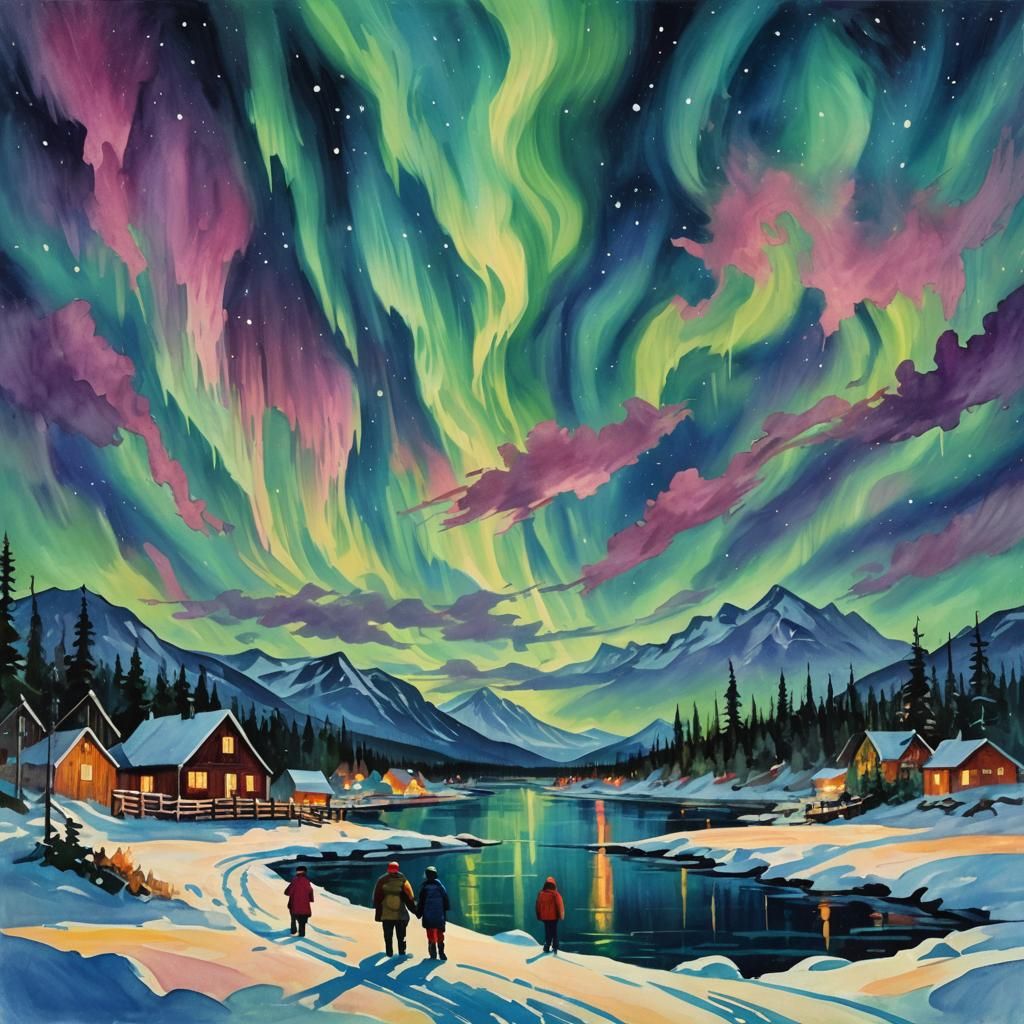 Romantic Dance Under Northern Lights: Gouache Style