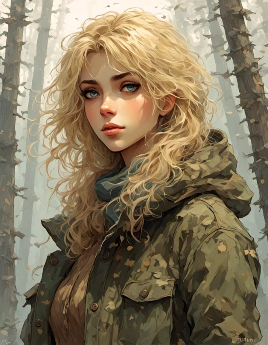 Anime Model Posing in Forest, Beksinski Style