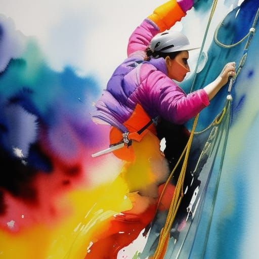 Woman Abseiling: Watercolor Painting with Dynamic Ink Splash...