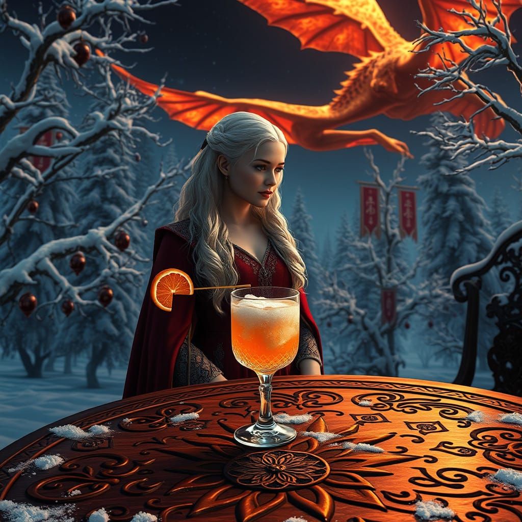 Regal Targaryen Queen Sits Amidst Winter Wonderland, Dragons...