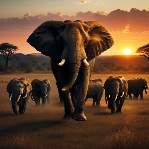 Elephants in Savanna Sunset: Hyperrealistic Splash Art