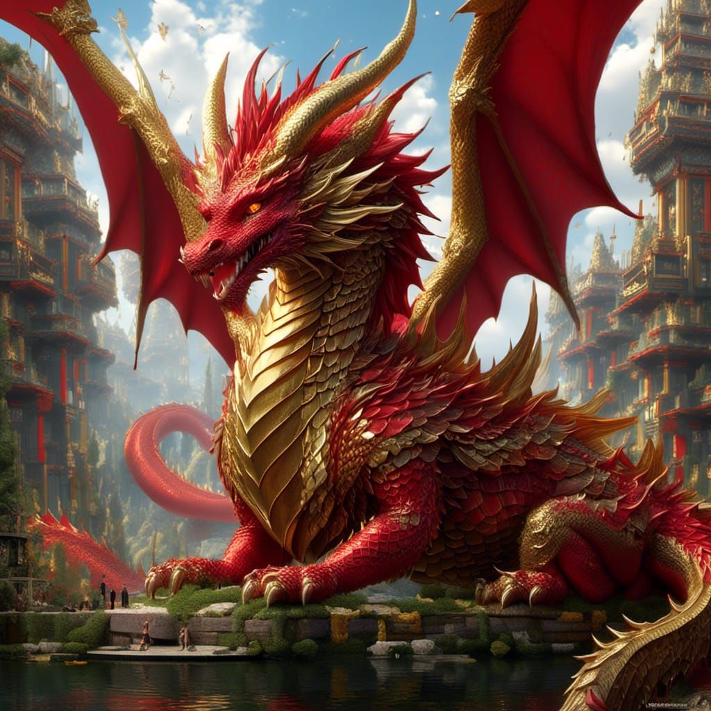 Anime Portrait of a Mythical Gold and Red Dragon