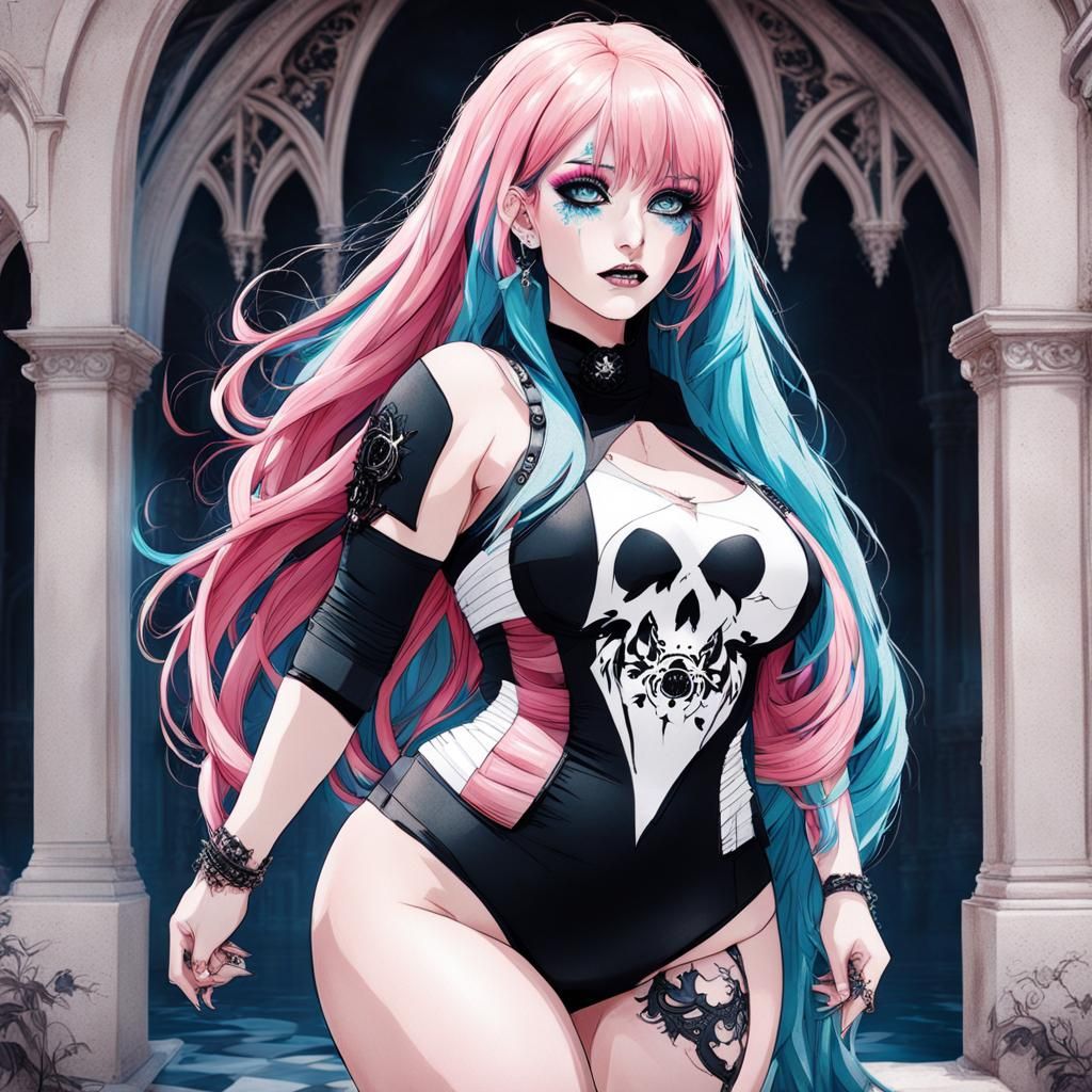Pastel Gothic Girl with Pink Hair and Blue Eyes