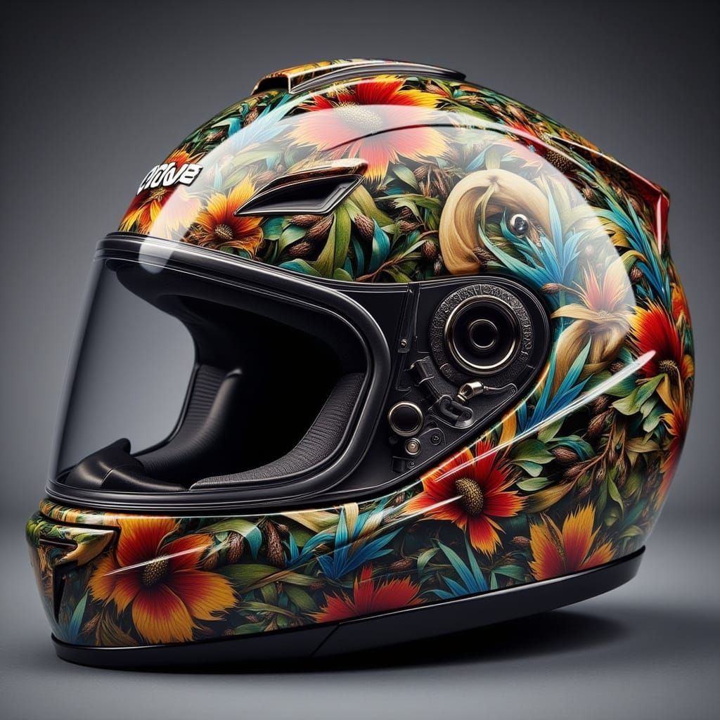 Airbrushed Motorcycle Helmet in Hyperreal Style