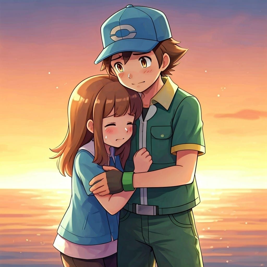 Pokémon Trainer Comforts Sister at Sunset