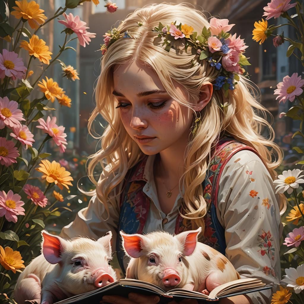 Girl Reads Story to Pig: Hyperrealistic Digital Art