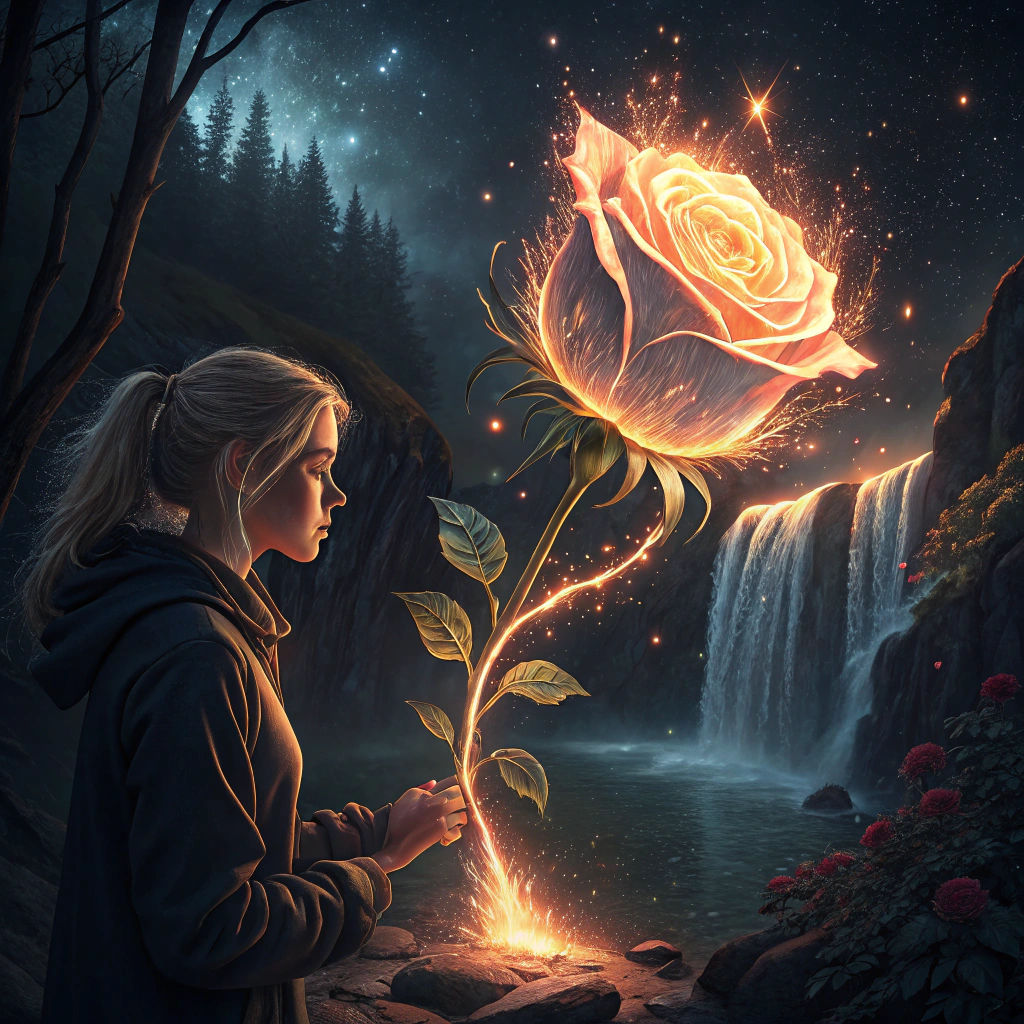 Glowing Rose Held by Woman in Darkness