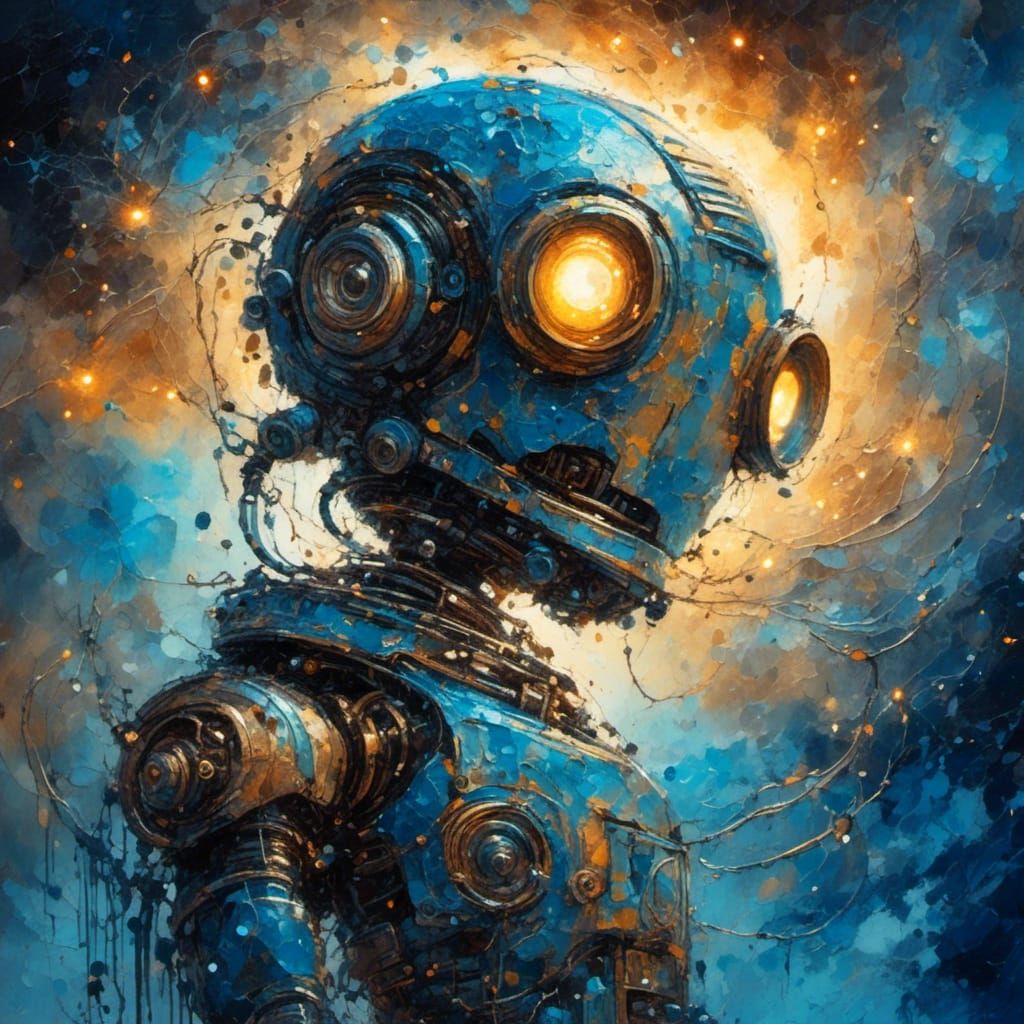 Robot Gazing at Milky Way in Splash Art Style