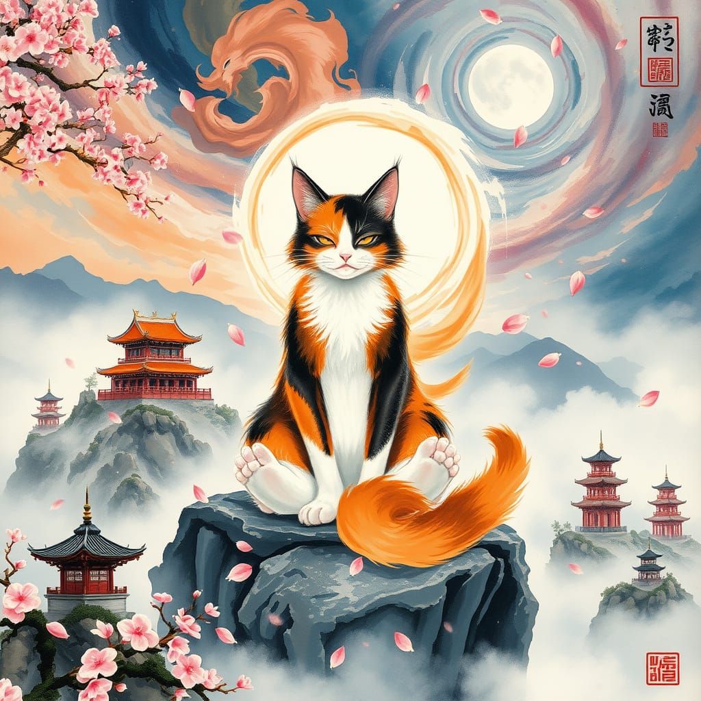 A super saiyan calico cat in a Wuxia setting, meditating on ...
