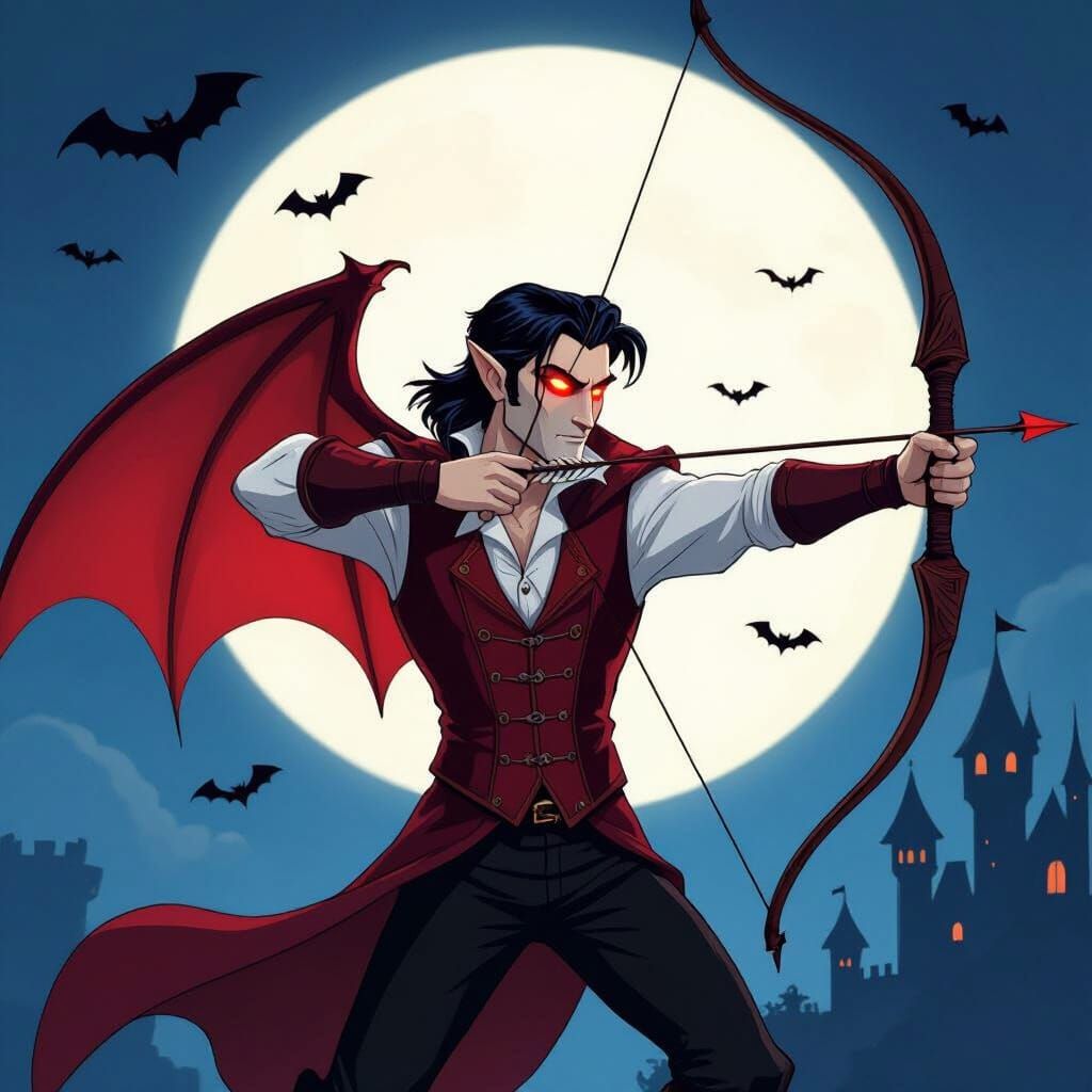 Vampire Archer with Red Bat Wings Under Full Moon