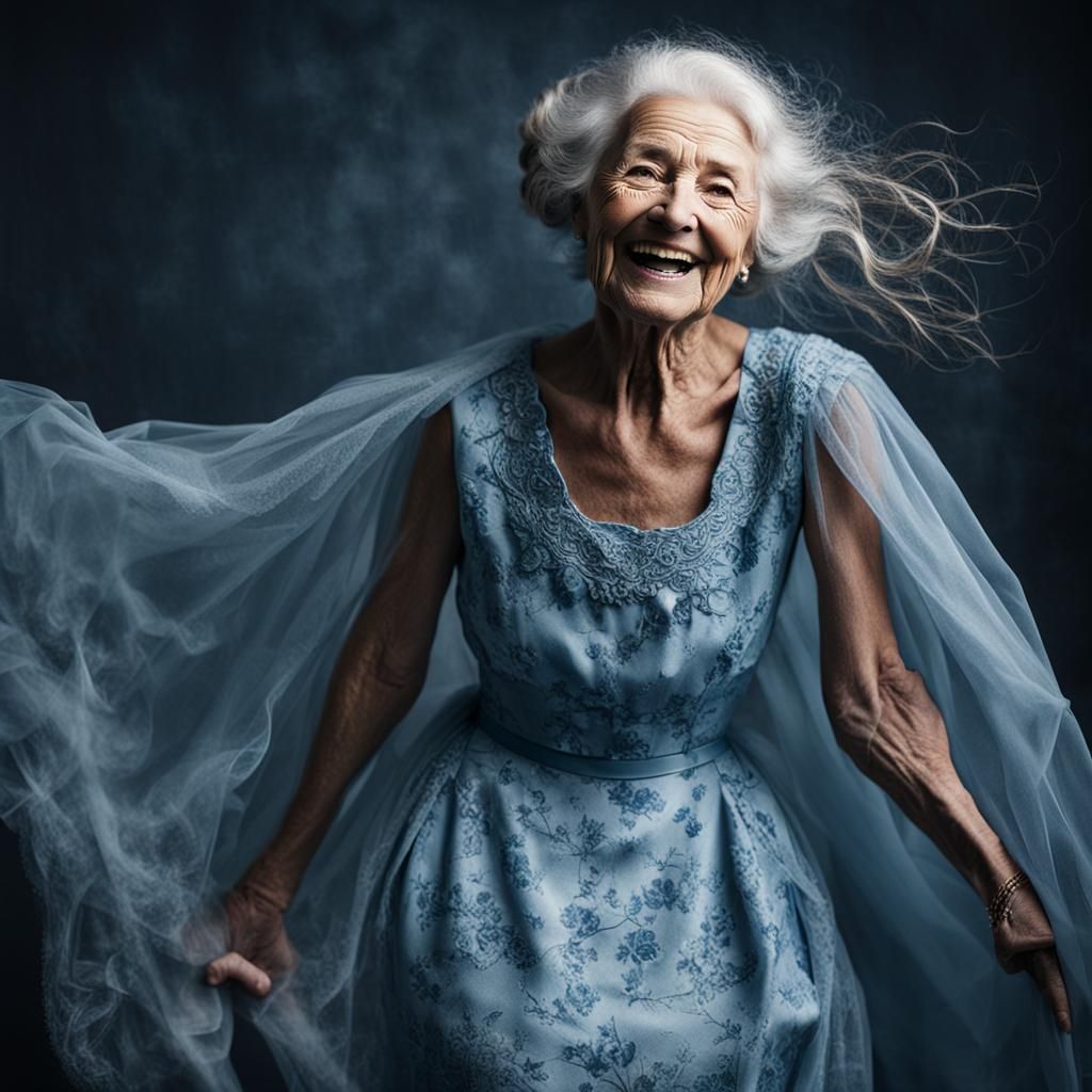 Smiling Old Woman in Blue Dress Portrait