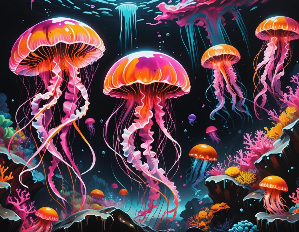 Glowing Jellyfish in Dark Reef: Graffiti Art